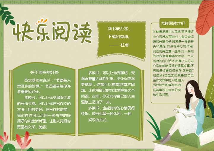 簡約綠色快樂閱讀小報word模板