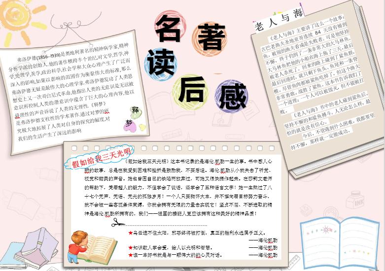 粉色名著讀后感小報(bào)word模板