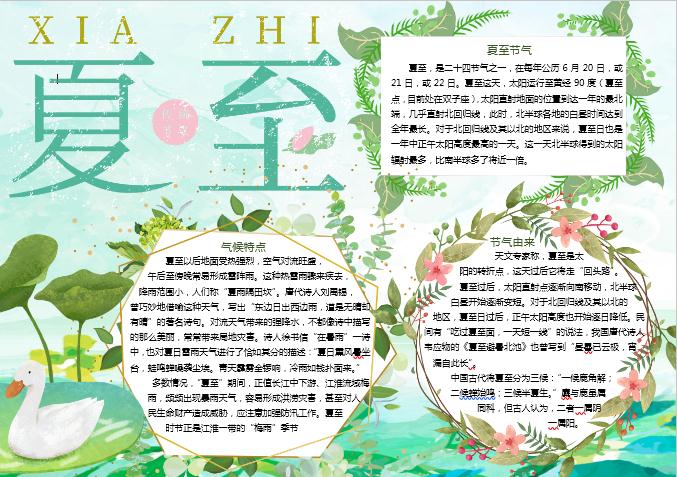綠葉小清新夏至手抄報Word模板