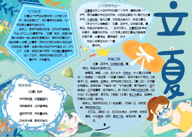 藍色立夏節氣手抄報word模板