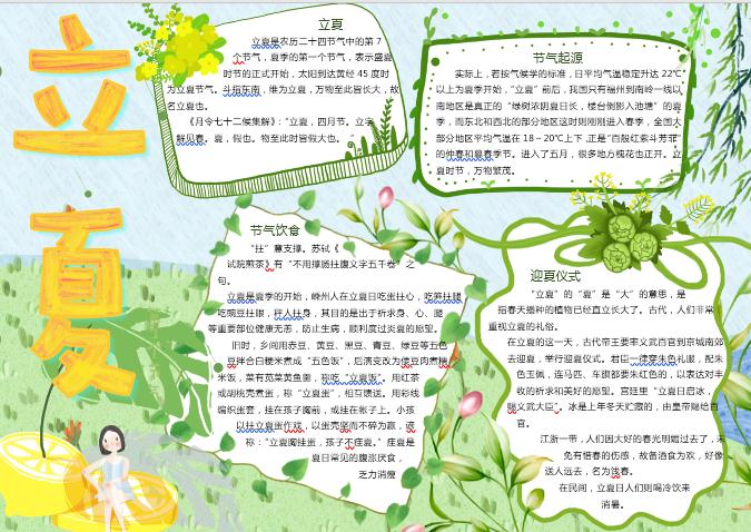 粉綠小清新立夏節氣手抄報Word模板