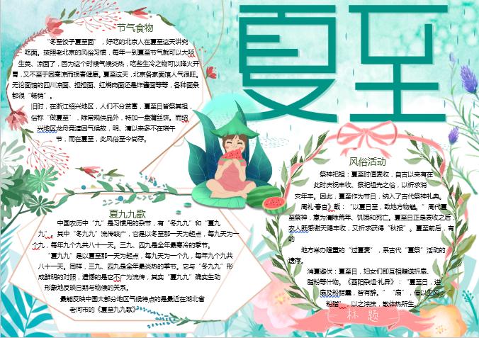 水彩清新夏至手抄報Word模板