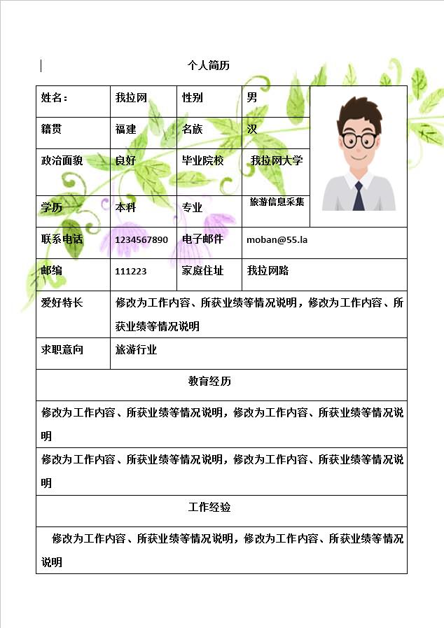 清新花卉旅游行業簡歷模板