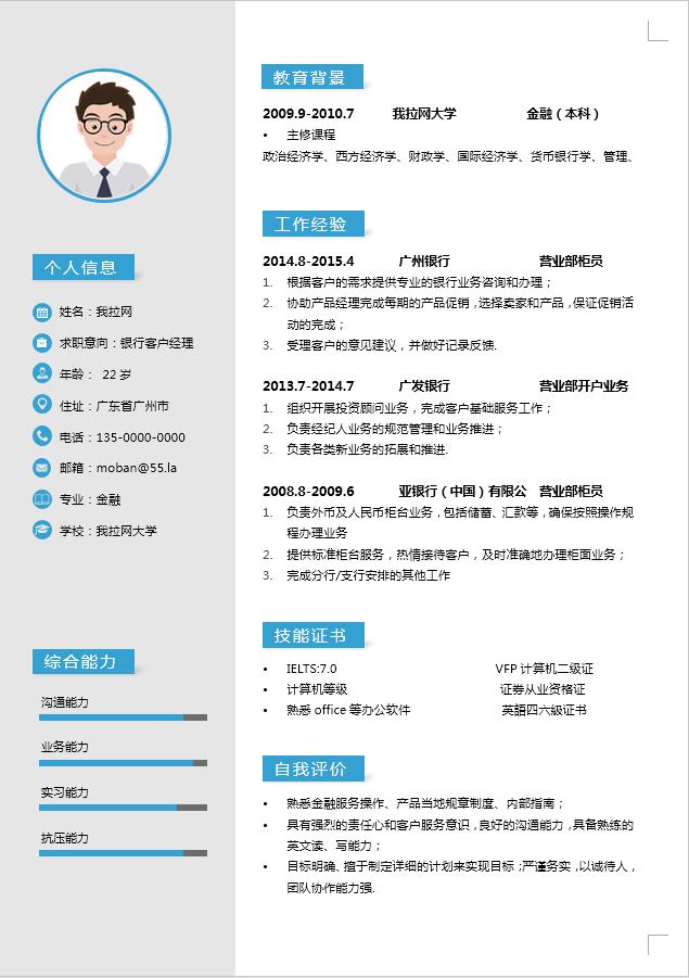 藍色楊帆起航銀行客戶經(jīng)理簡歷模板-1