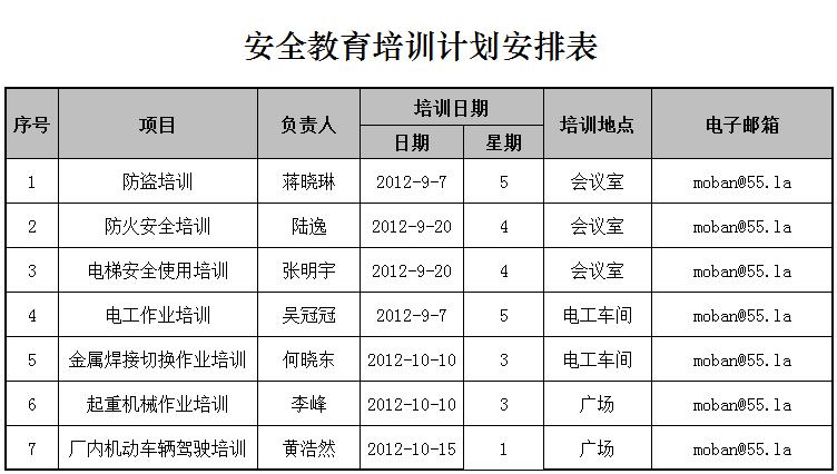 企業安全教育培訓計劃安排表