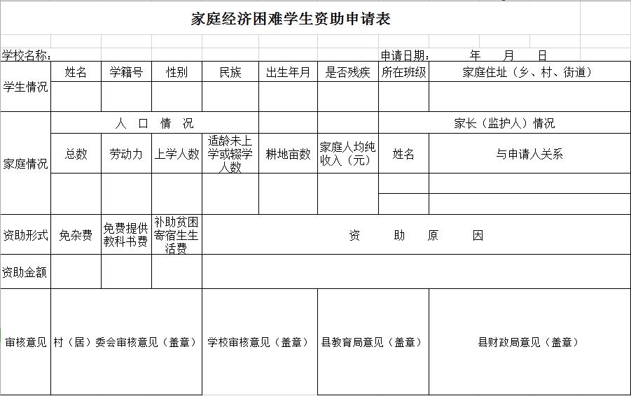 家庭經濟困難學生資助申請表