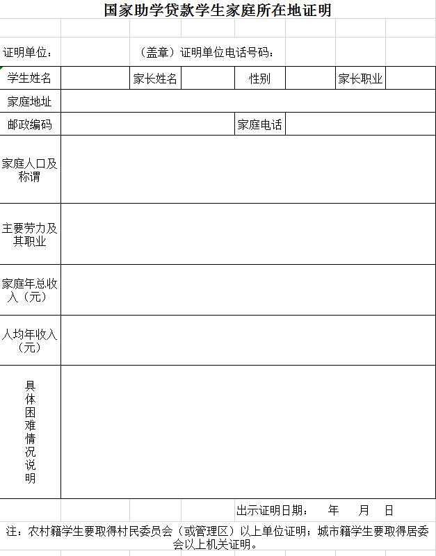 國家助學貸款學生家庭所在地證明