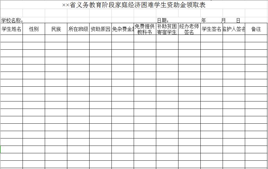 義務(wù)教育階段家庭經(jīng)濟(jì)困難學(xué)生資助金領(lǐng)取表