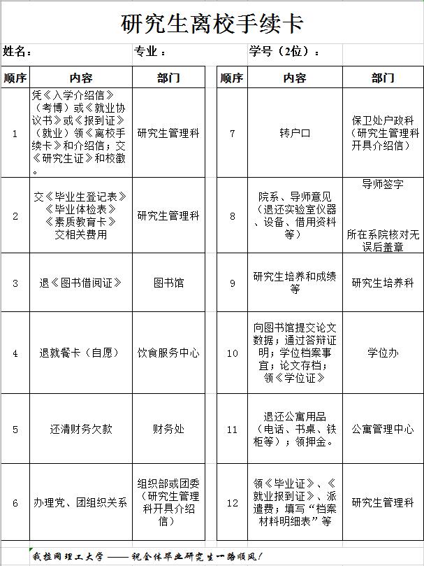 研究生離校手續卡