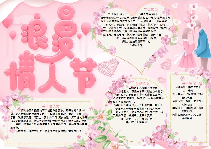 清新浪漫粉色情人節手抄報Word模板