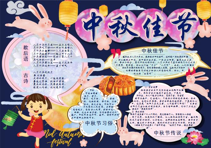 藍色精美中秋佳節手抄小報Word模板