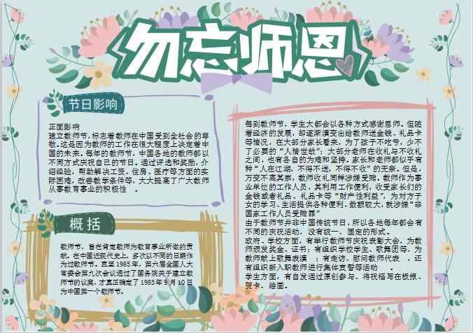 小清新花卉風格勿忘師恩手抄報Word模板