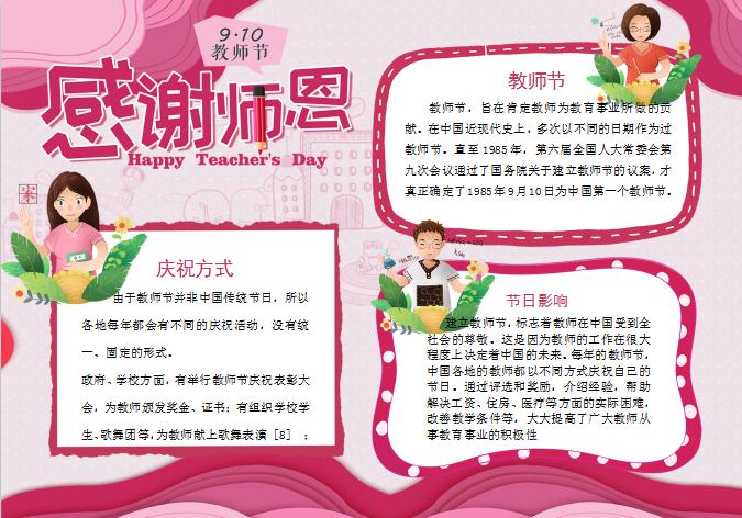 粉色清新感謝師恩教師節小報手抄報