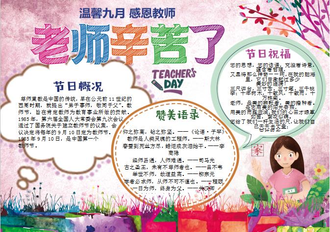 手繪老師辛苦了手抄報小報Word模板