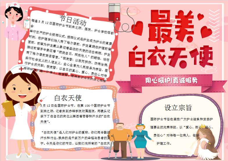 最美白衣天使護士節手抄報Word模板