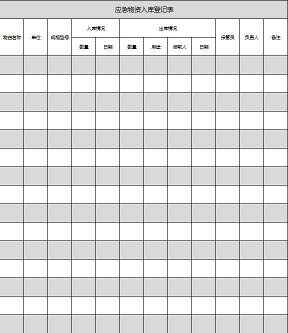 灰色系應急物資出入庫登記表模板