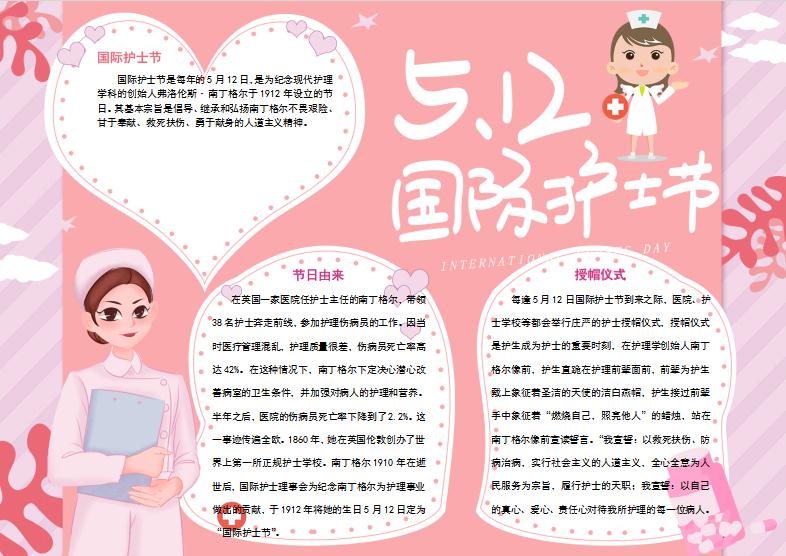 粉紫色溫馨風格護士節手抄報模板