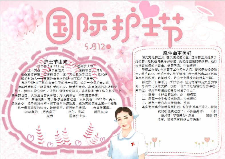 粉色氣球國際護士節手抄報Word模板