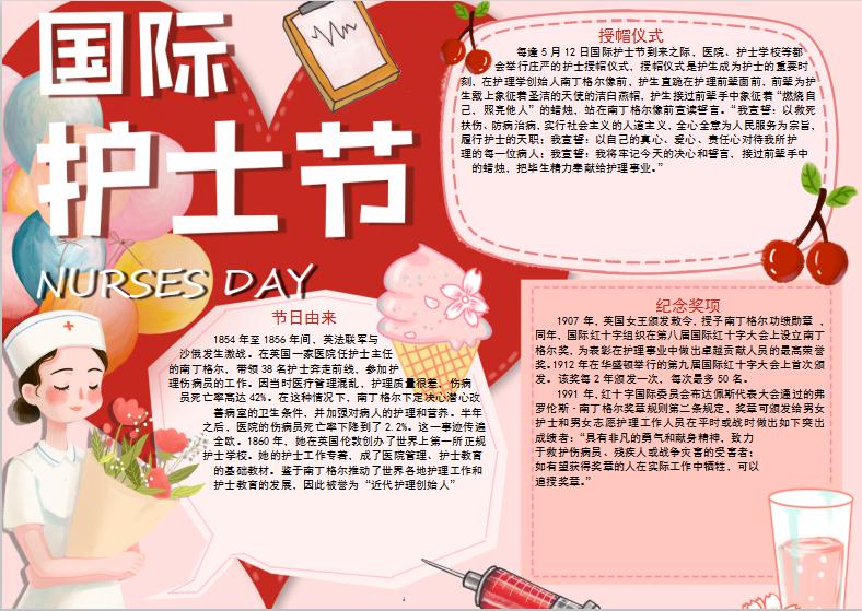 粉色卡通風國際護士節手抄報Word模板