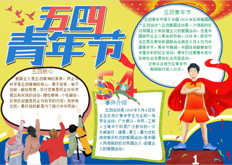 黃色五四青年節手抄報Word模板