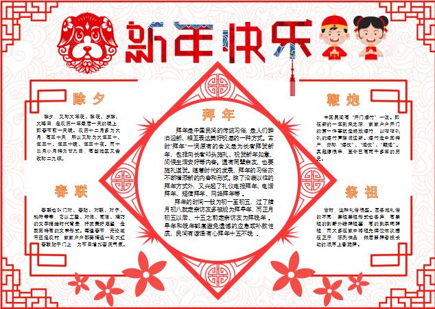 紅色喜慶新年快樂春節習俗小報word手抄報小報模板