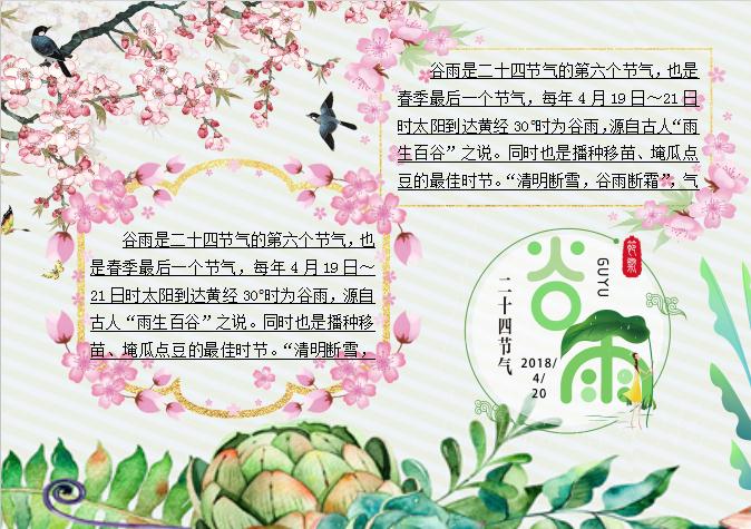 粉色花卉谷雨節氣小報Word模板