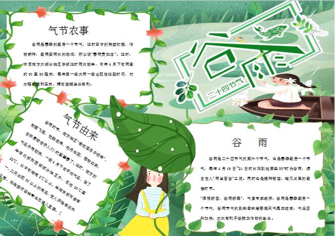 青色簡約風格谷雨節氣手抄報Word模板