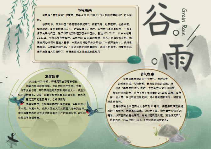 小清新中國風谷雨節氣手抄報word模板