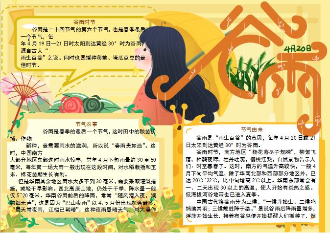 黃色簡約谷雨時節手抄報Word模板