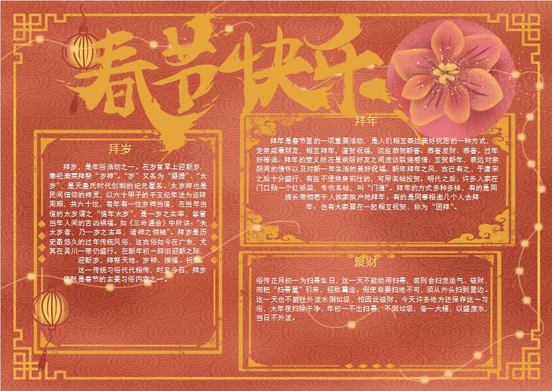 橘紅色新年習俗手抄報Word模板