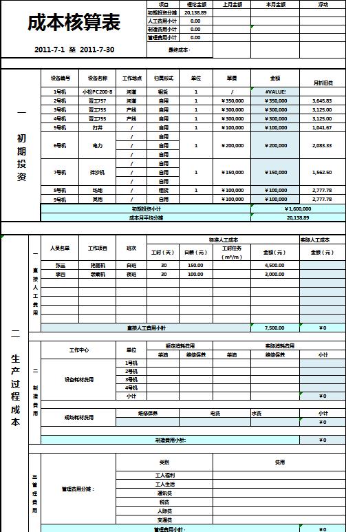 簡約成本核算表excel模板