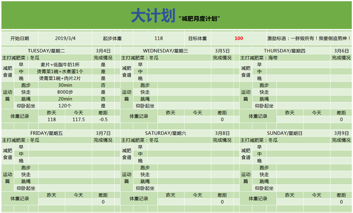 月度減肥計(jì)劃表Excel模板