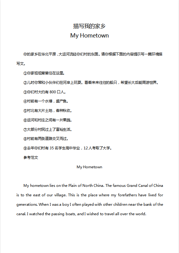 英語四級作文：描寫我的家鄉(xiāng)
