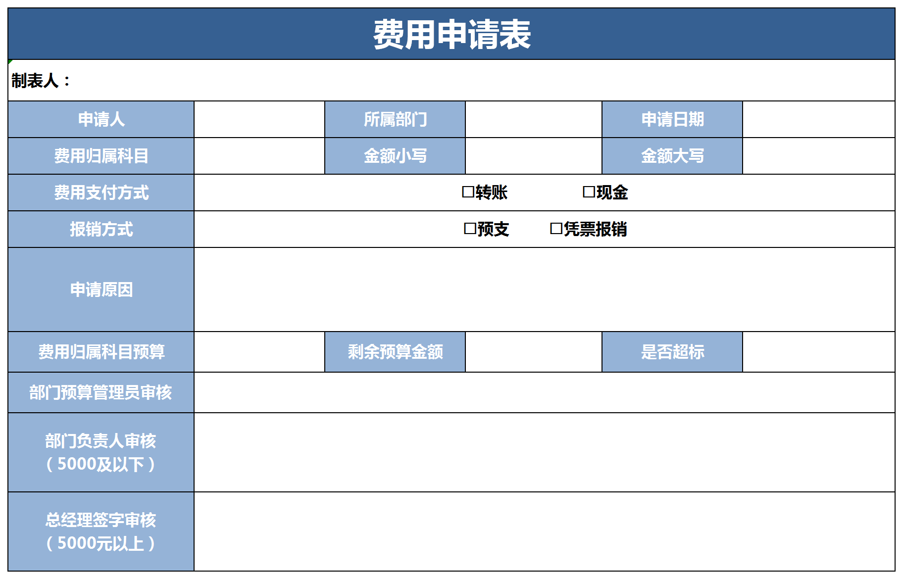 簡約費用申請表excel模板