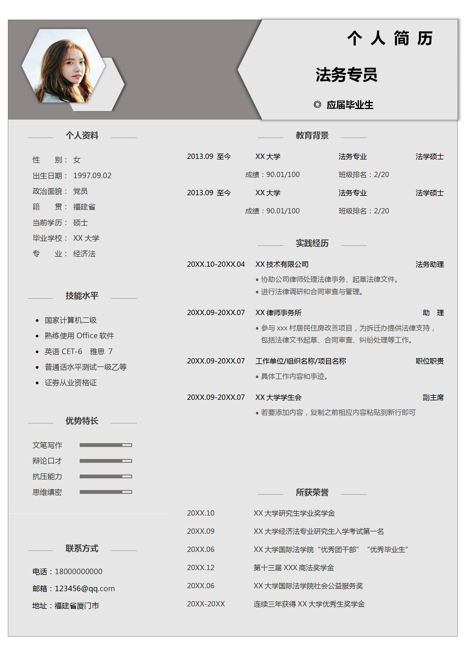 法務(wù)專員應(yīng)屆畢業(yè)個(gè)人求職簡歷模板