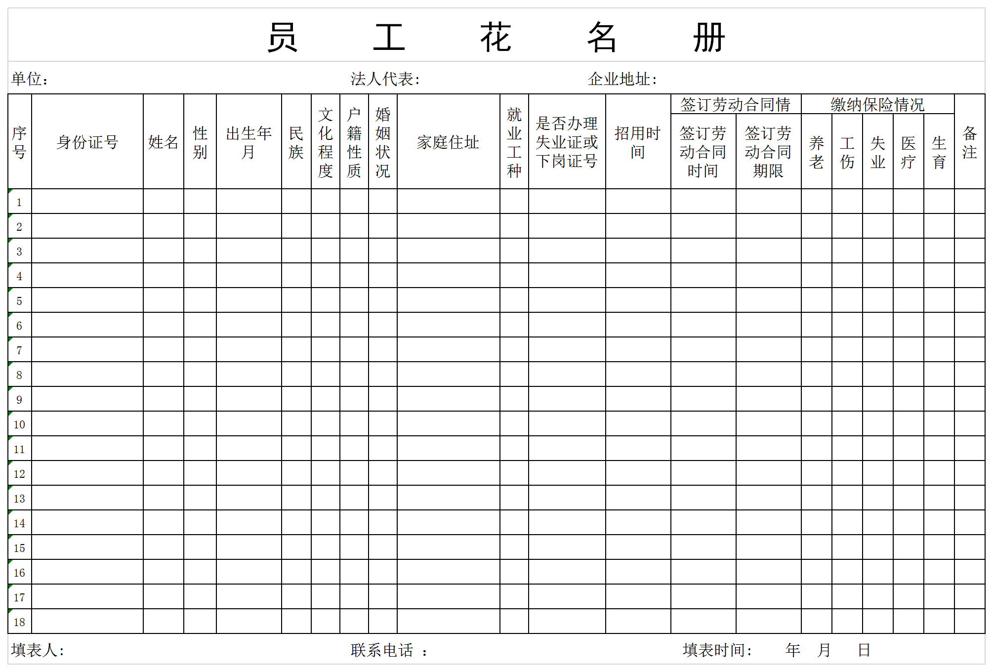 企業(yè)員工花名冊Excel模板
