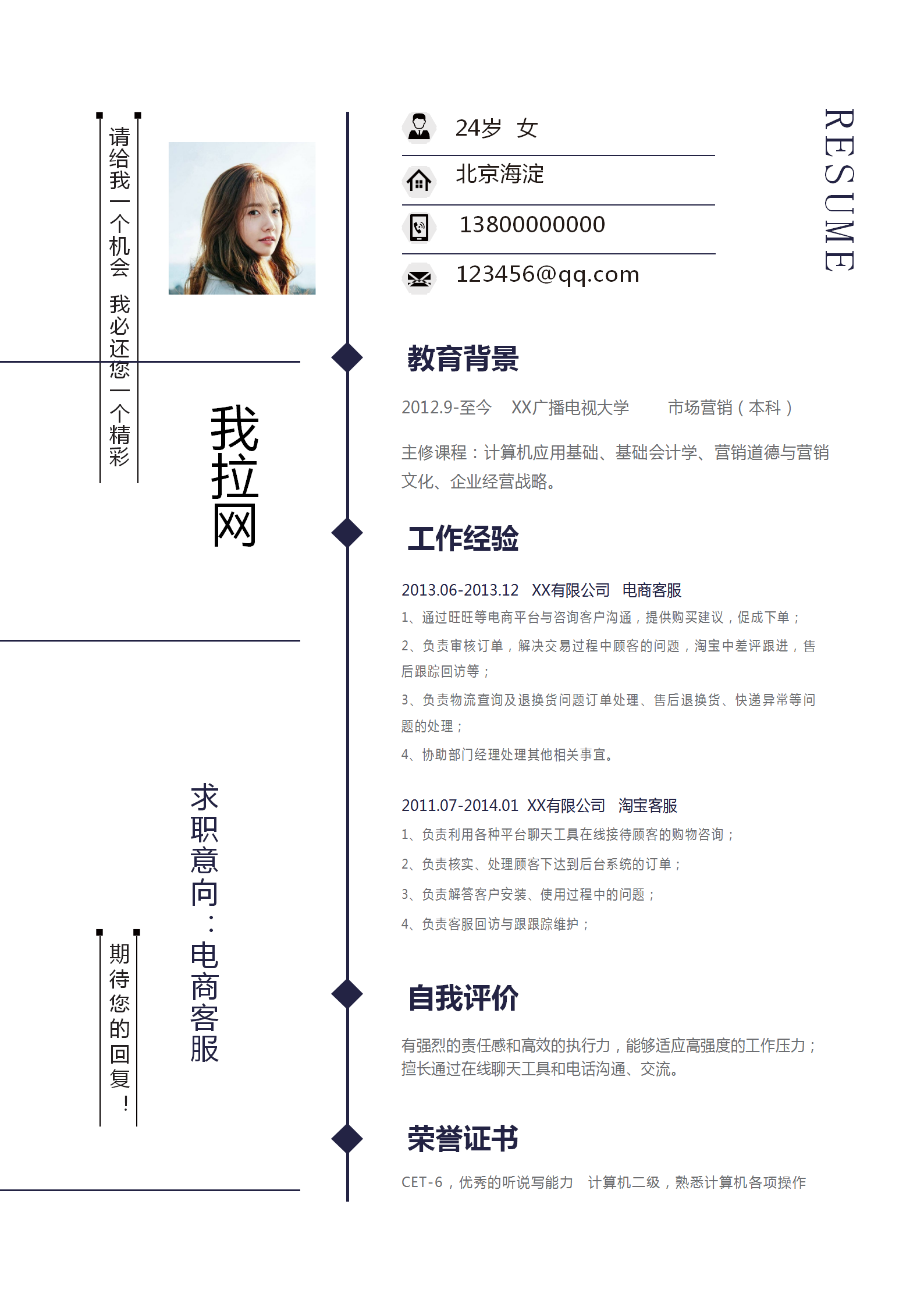 創意排版電商客服求職簡歷模板