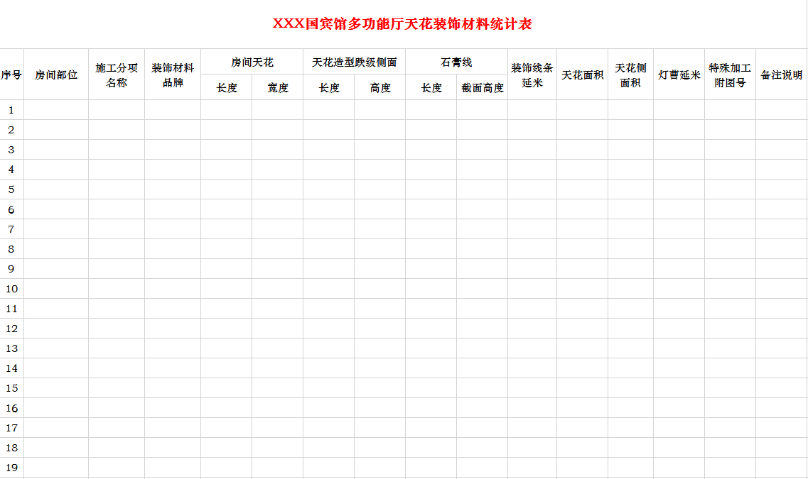 賓館多功能廳裝飾面層材料統計表Excel模板