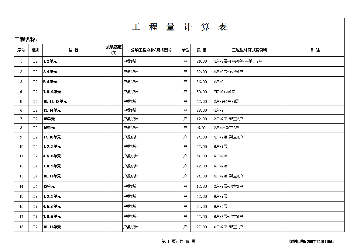 工程量計算表Excel模板
