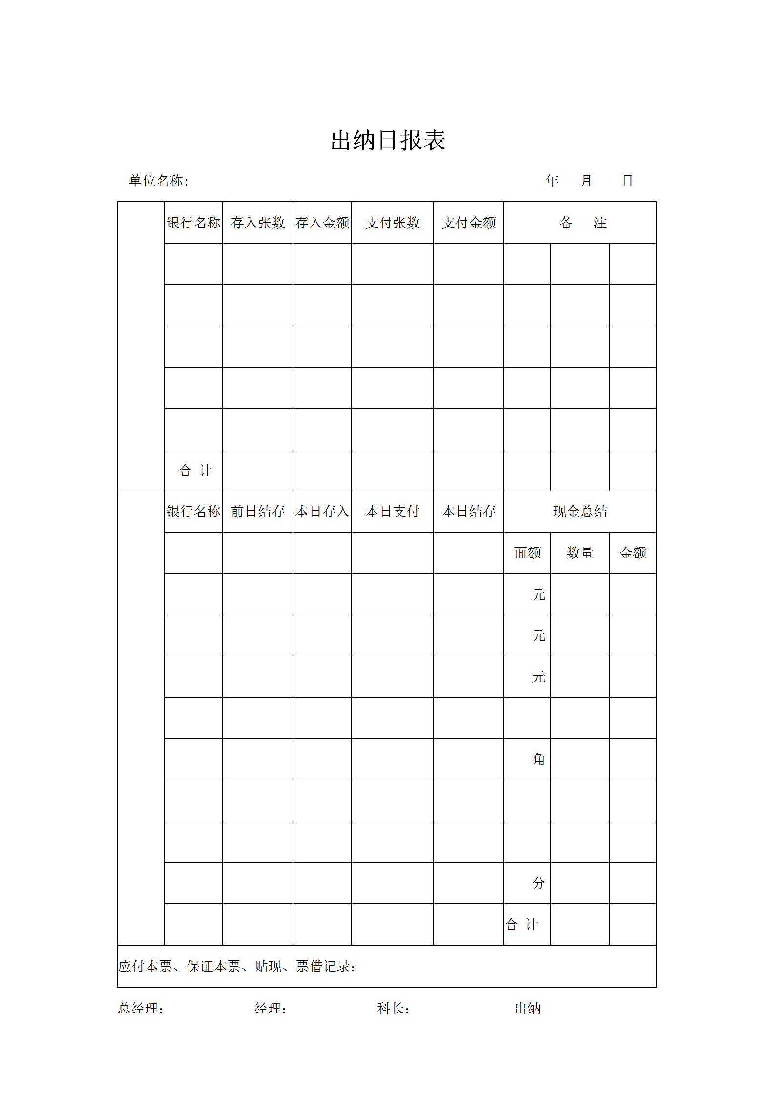 財務出納日統計報表word模板