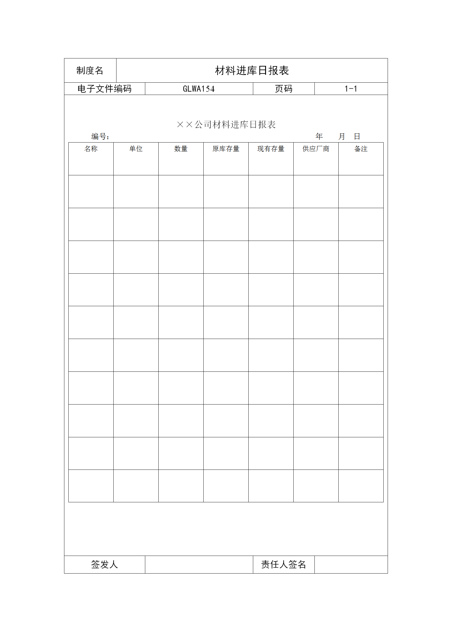 公司材料進庫日統計報表word模板