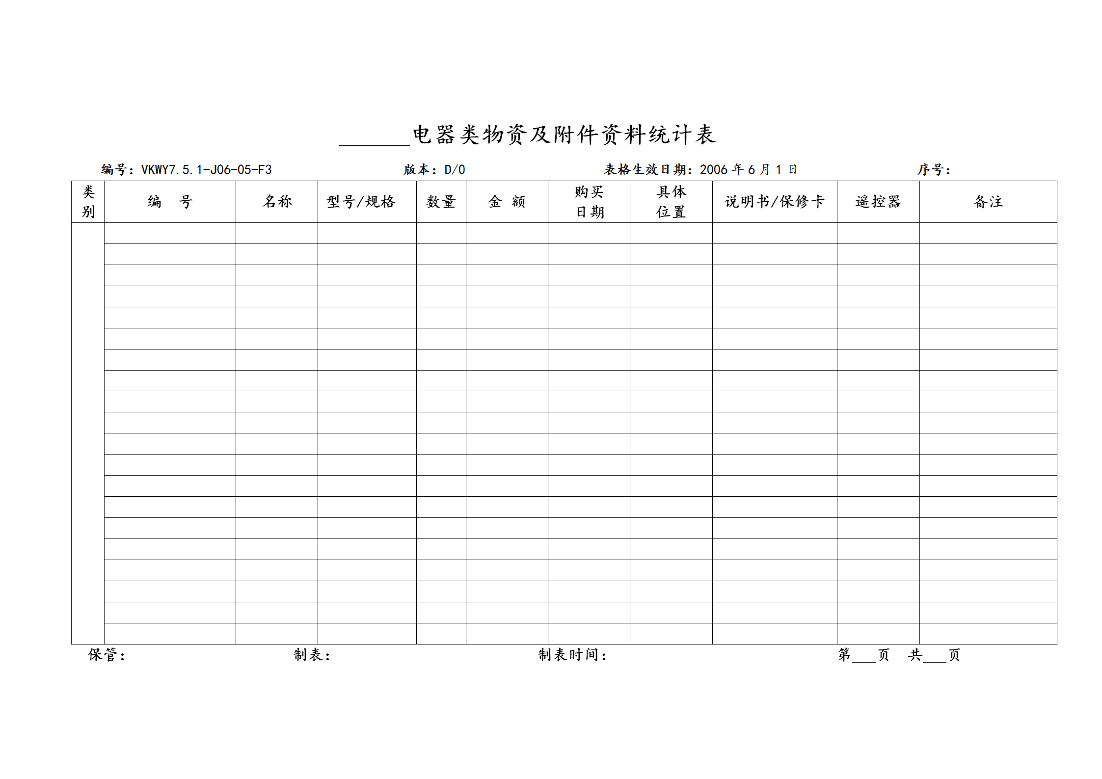 電器類物資及附件資料統計表word模板