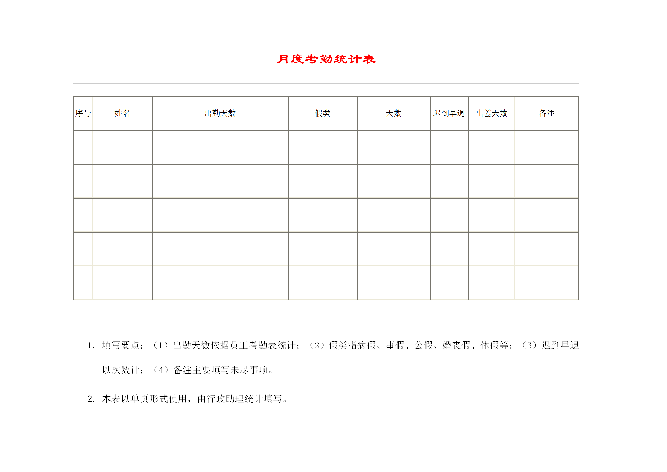 公司月度考勤統計報表word模板