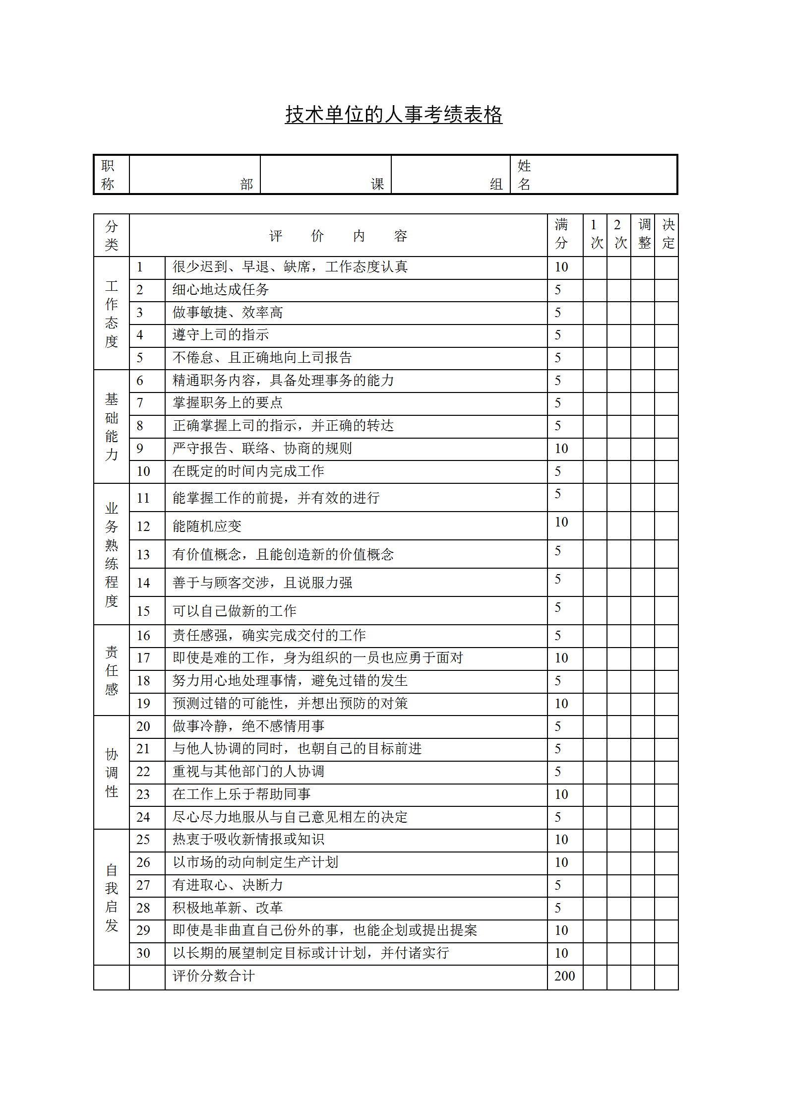 技術單位的考績表格word模板