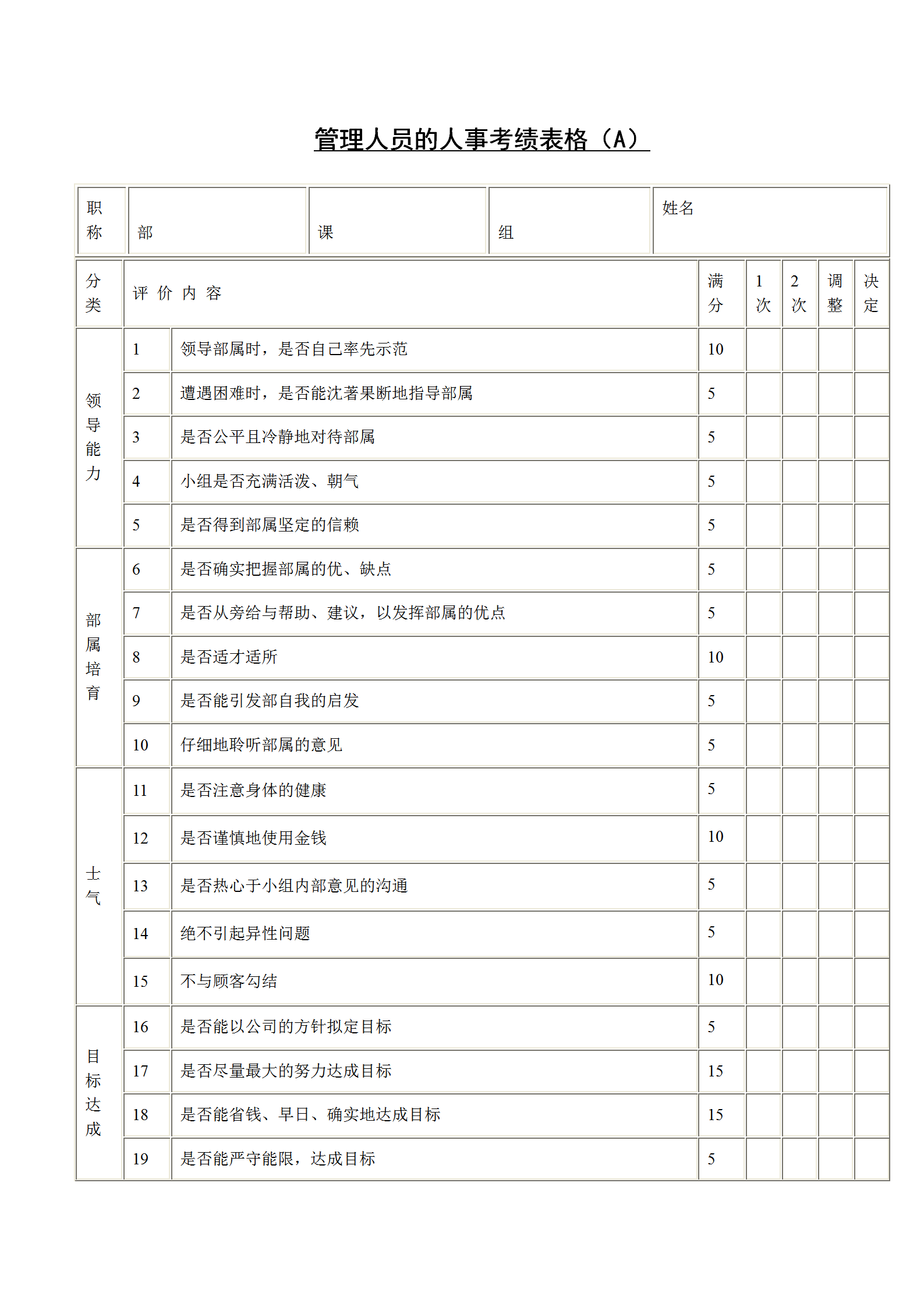 管理人員績效考績表格word模板