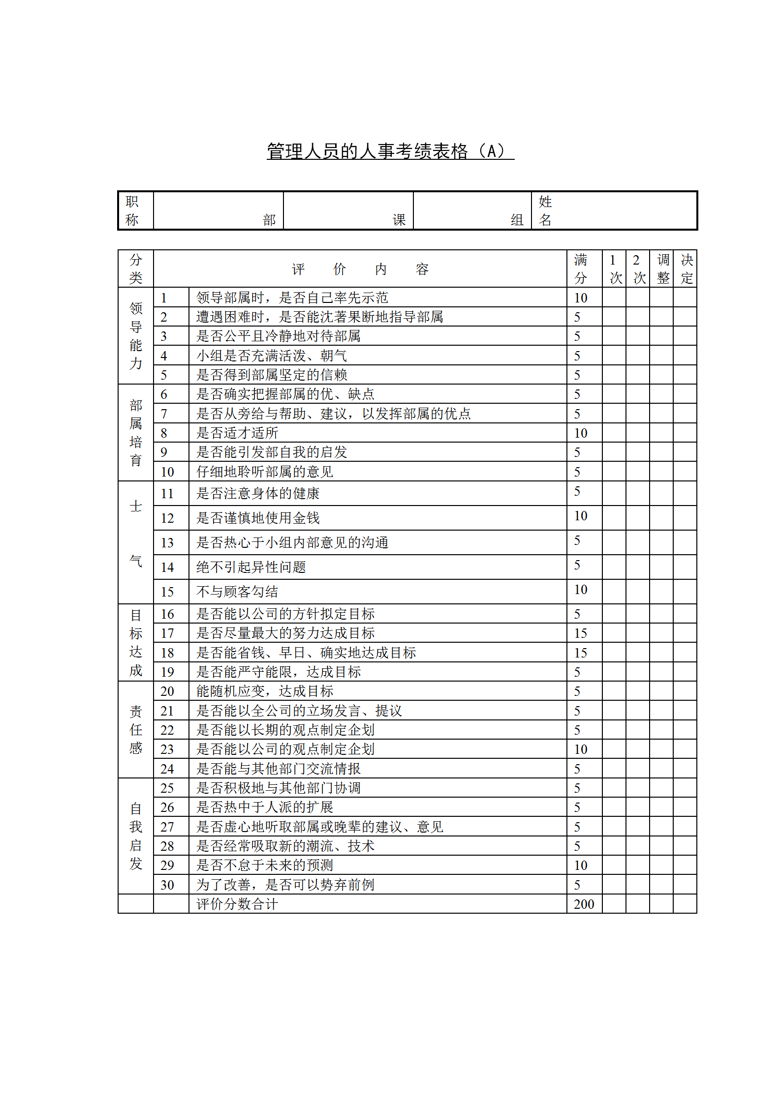 管理人員的考績表格word模板