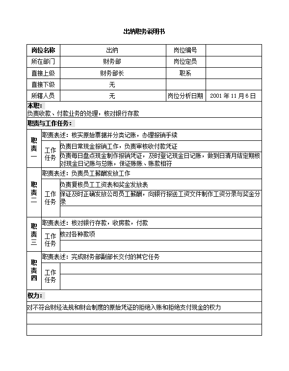 財務部出納職務說明書word模板