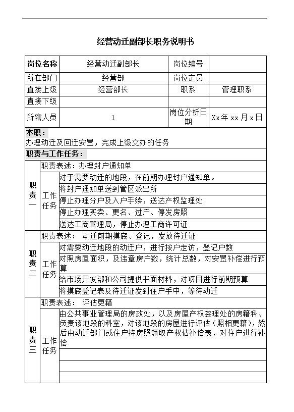 經(jīng)營動遷副部長職務(wù)說明書word模板