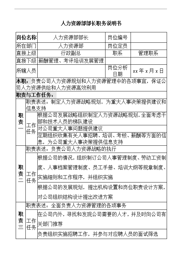 人力資源部部長職務說明書word模板
