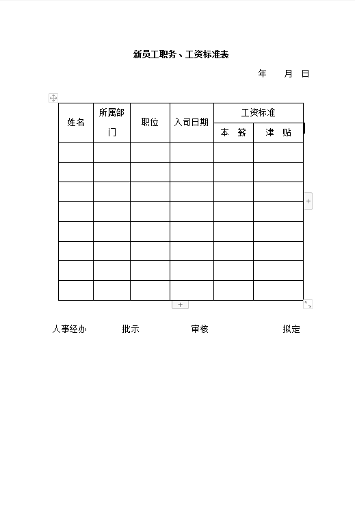 新員工職務(wù)工資標(biāo)準(zhǔn)表word模板